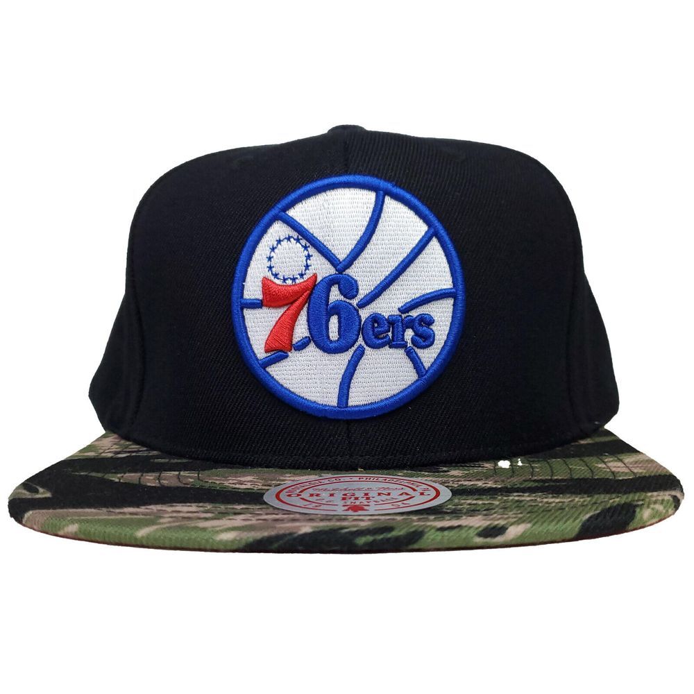 Philadelphia 76ers Mitchell & Ness Snapback Cap Hat 3D Logo Black Camo Bill NWT